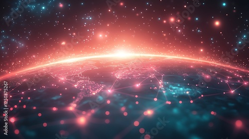 A dark futuristic background featuring glowing cyber lines linking different parts of the world symbolizing connectivity photo