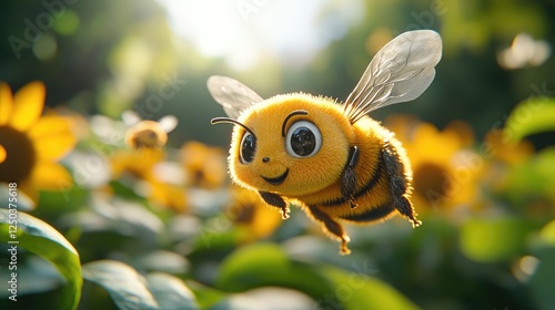 A cheerful cartoon bee with large eyes and striped body flies joyfully next to a surprised sunflower character with a round face and wide eyes,