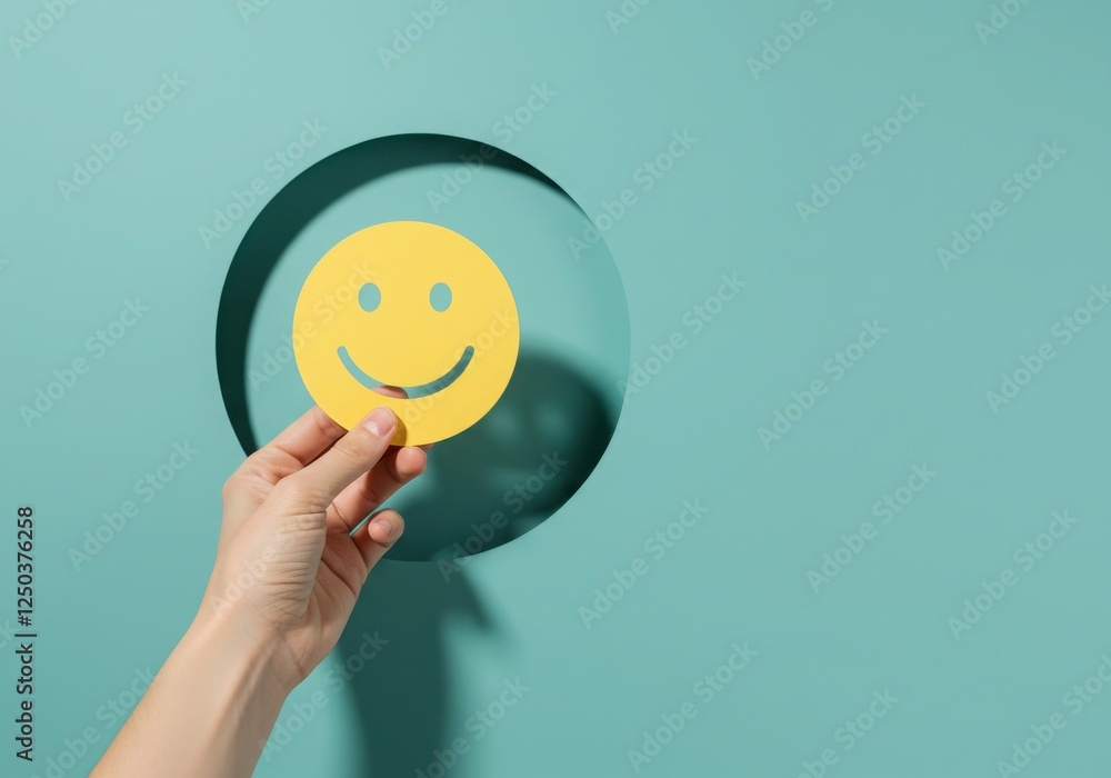 Hand holding, circular paper cutout smiling face emoji pastel teal background Hand holding, circular paper cutout smiling face emoji pastel teal background