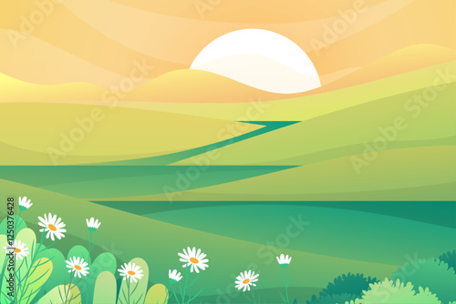 beautiful-scene-nature-with-sun-rising-mountrain-morning-lanscape-illustration