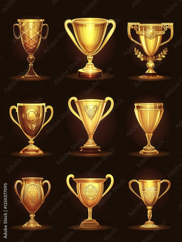 Champion trophy. Glossy golden trophy cup goblet vector icon set isolated. Champion triumph, winning, honor and contest symbol illustration. Prize reward for business achievement or sport competition Champion trophy. Glossy golden trophy cup goblet vector icon set isolated. Champion triumph, winning, honor and contest symbol illustration. Prize reward for business achievement or sport competition