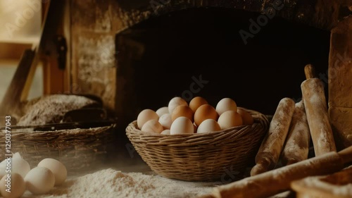 Rustic Bakery Scene: Eggs, Flour, and Bread