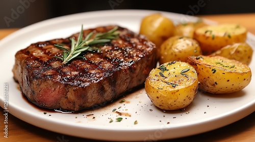 A delicious plate featuring a juicy grilled steak garnished with fresh rosemary, accompanied by tender roasted potatoes. A perfect meal for meat lovers and culinary enthusiasts. photo