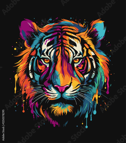 Illustration of a colorful tiger head on black background , pop art style vector illustration design.