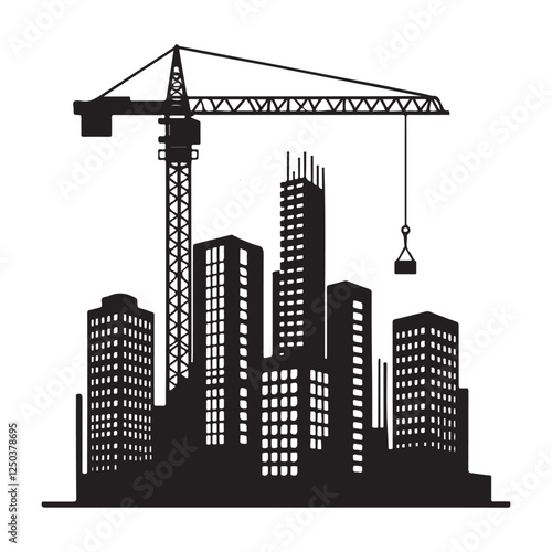 Construction Boom Silhouette Illustration Modern City Buildings with Crane
