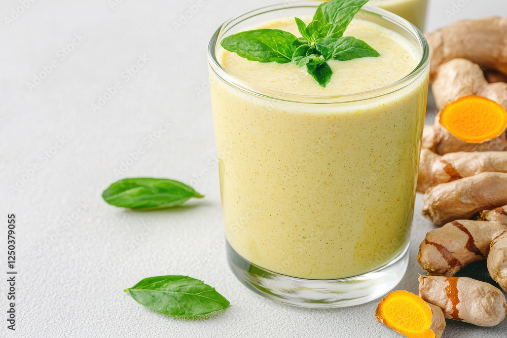 Golden turmeric milk with fresh ginger and mint garnish Golden turmeric milk with fresh ginger and mint garnish
