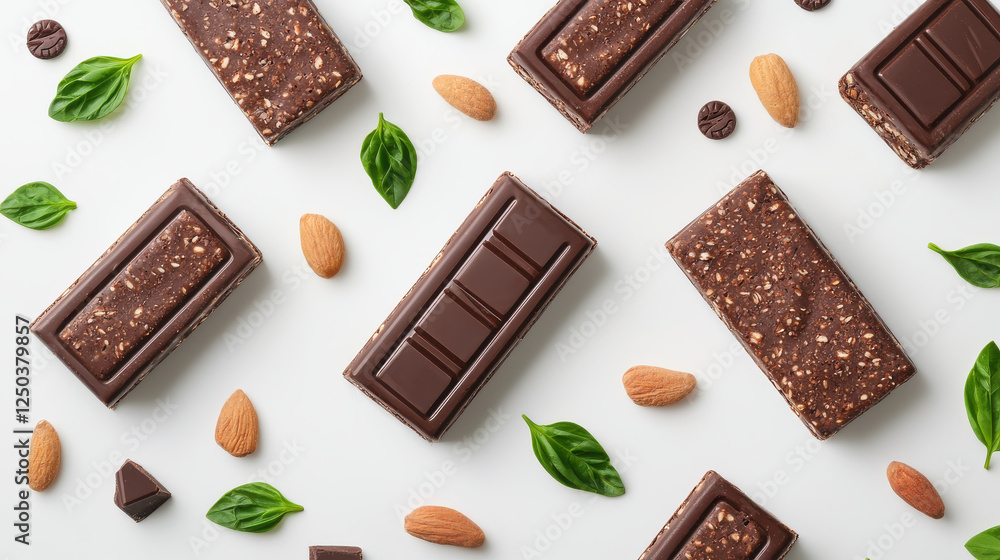 Chocolate protein bars with almonds and basil leaves