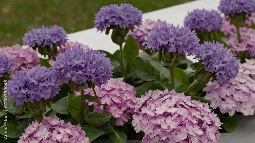 A cluster of purple and light pink flowers with green leaves, creating a delicate and colorful floral arrangement. A cluster of purple and light pink flowers with green leaves, creating a delicate and colorful floral arrangement.