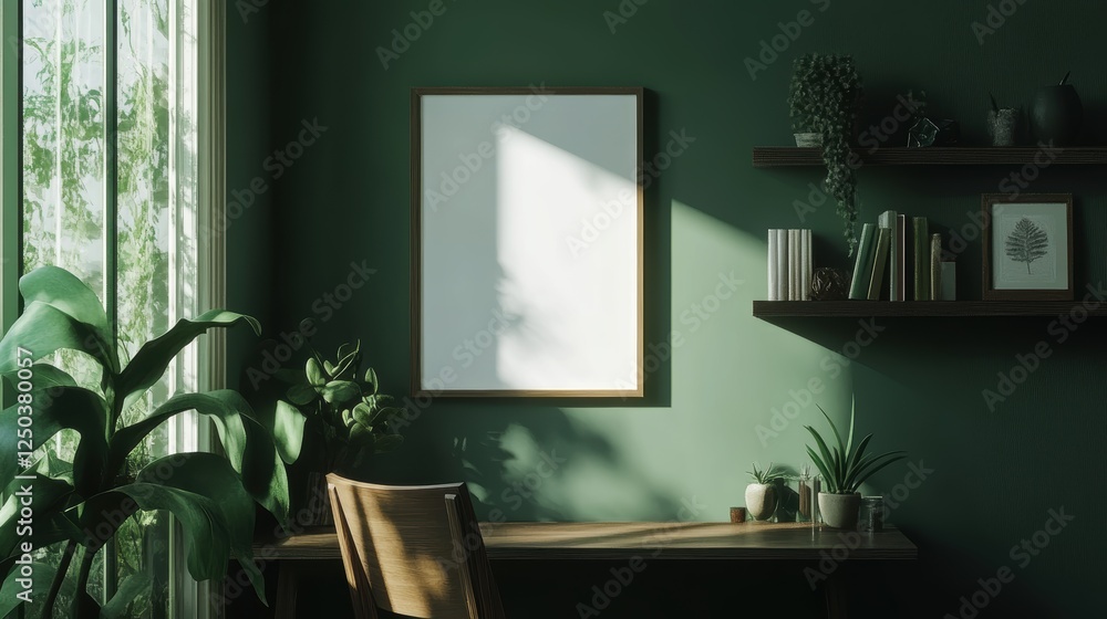 Fototapeta premium Modern home office setup featuring a blank wall art poster frame, natural light, indoor plants, wooden desk, and stylish decor elements. Interior design mockup. Ready to use.