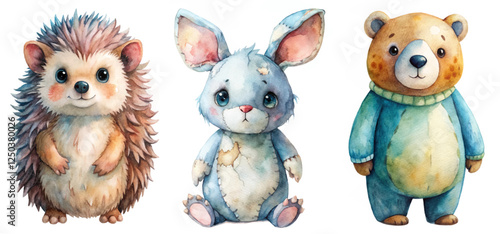 Cute animal illustrations, watercolor style, hedgehog, bunny, bear characters, children's art, playful design.