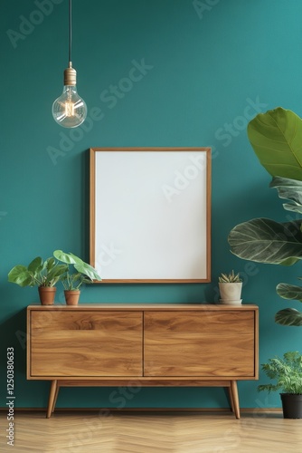 Wallpaper Mural Modern living room setup featuring a wooden sideboard, empty framed poster, vibrant indoor plants, stylish pendant light, and calming teal wall. Interior decor. Template. Torontodigital.ca