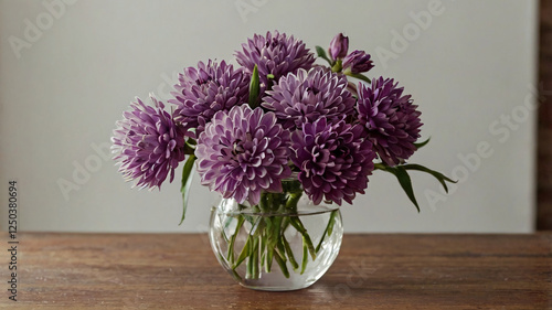 Wallpaper Mural A round glass vase filled with water holds a cluster of vibrant purple flowers, their lush petals and green stems creating a striking contrast against the wooden table. Torontodigital.ca
