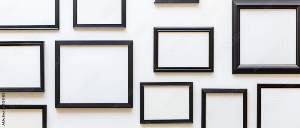 Gallery wall featuring multiple black frames on a white background, perfect for showcasing art prints, photos, or poster mockups. Ideal for home decor inspiration. Gallery wall featuring multiple black frames on a white background, perfect for showcasing art prints, photos, or poster mockups. Ideal for home decor inspiration.