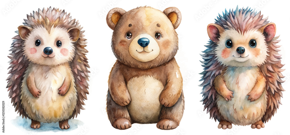 Fototapeta premium Cute animal illustrations, watercolor style, hedgehog and bear characters, children's art, playful design.