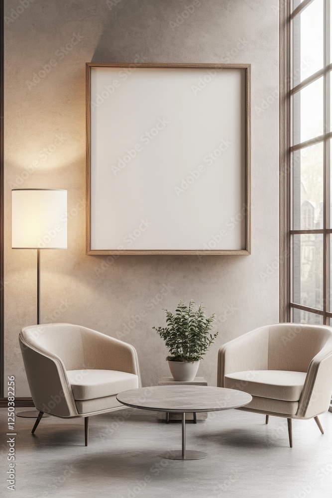 Minimalist living room setup featuring empty frame wall art mockup, cozy armchairs, round coffee table, potted plant, and warm natural light for interior decoration.