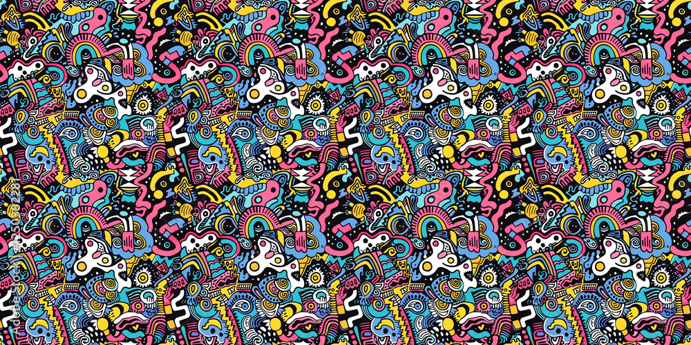 Naklejka premium Cartoon hand-drawn doodles on the subject of summer holidays theme seamless pattern