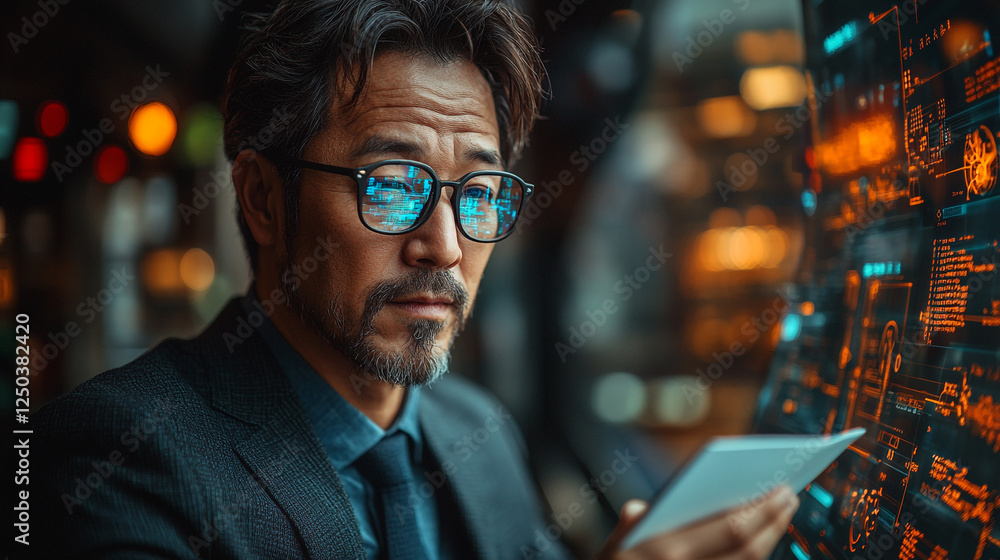 Serious Businessman Reviews Data on Tablet Screen Futuristic Technology Digital Interface Modern Serious Businessman Reviews Data on Tablet Screen Futuristic Technology Digital Interface Modern