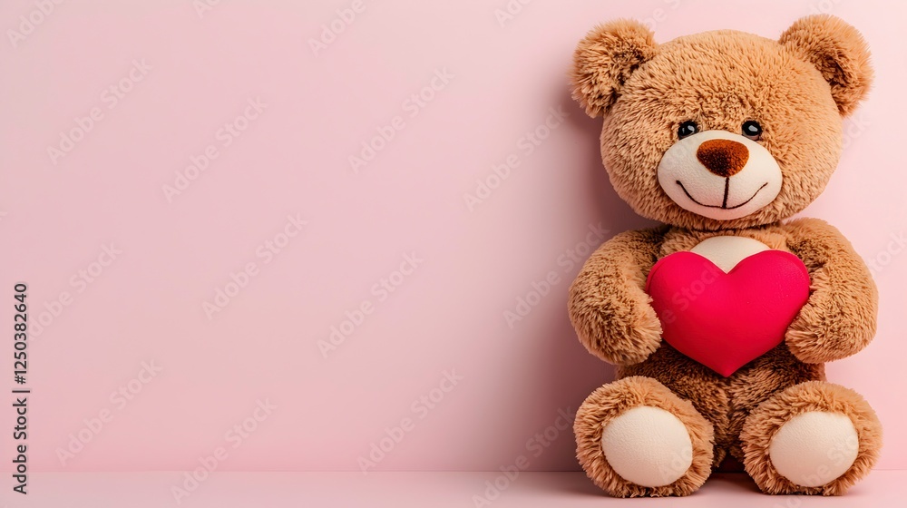 Obraz premium Cute Teddy Bear Holding a Heart Plush on Soft Pink Background