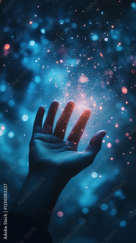 Hand Reaching Towards the Sky Under Glowing Starlight in Night Sky Hand Reaching Towards the Sky Under Glowing Starlight in Night Sky