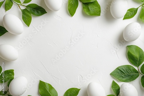 White eggs, green leaves frame, textured background, spring photo