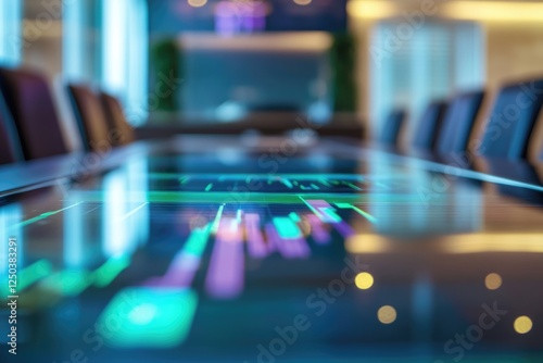 Wallpaper Mural Blurred image of a conference table with a digital display showing stock market data reflecting the modern business environment. Torontodigital.ca
