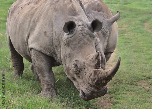 male southern white rhino tries to trip his opponent during a sparring matching in the wild plains of solio game reserve, kenya