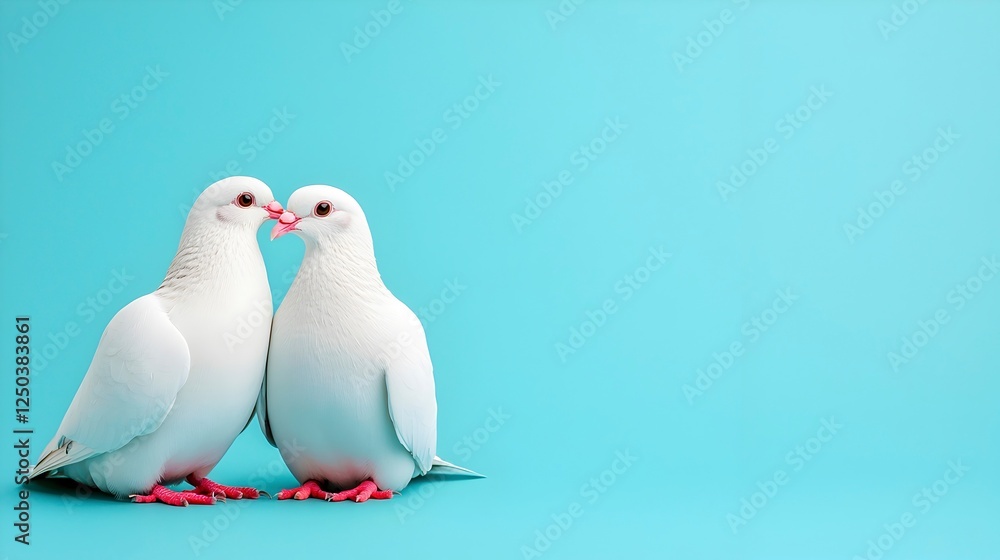 Fototapeta premium Two White Doves on Blue Background Sharing Affection and Love