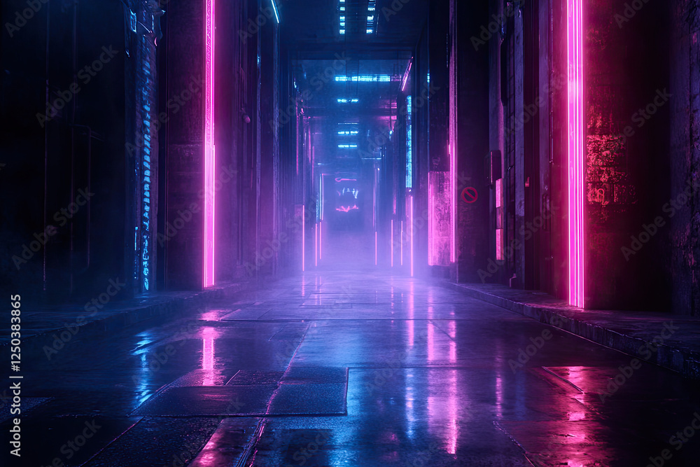 Fototapeta premium A cinematic view of an empty urban street at night, with shimmering reflections on wet concrete, illuminated by soft neon lights cutting through the fog 