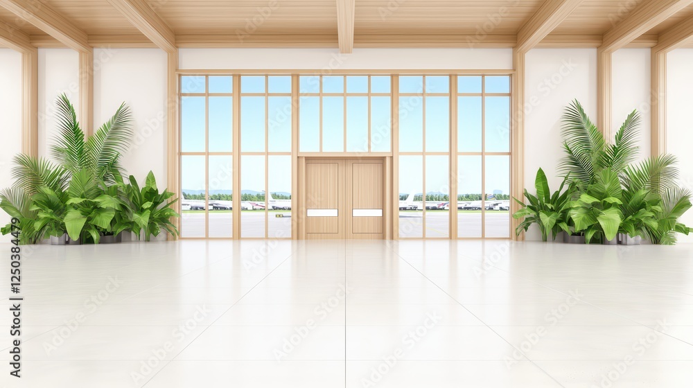 Modern Spacious Interior with Large Windows and Lush Green Plants Modern Spacious Interior with Large Windows and Lush Green Plants