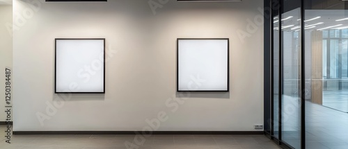 Modern gallery interior featuring two empty poster frames on a minimalist wall, perfect for showcasing art, prints, or photographs. Interior design mockup template. photo