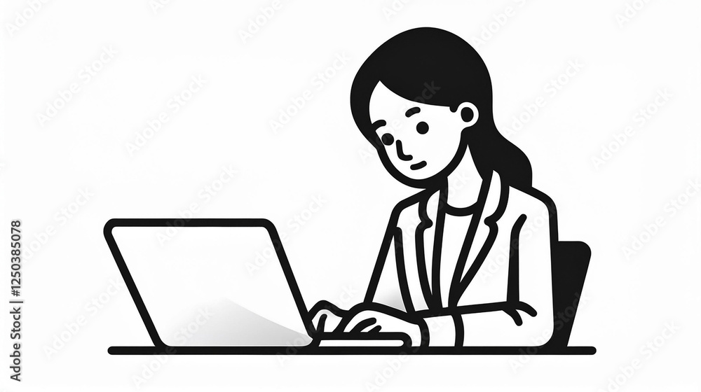 Imagen vectorial. representation de una mujer de negocios durante las horas de oficina, trabajando en su portátil Imagen vectorial. representation de una mujer de negocios durante las horas de oficina, trabajando en su portátil
