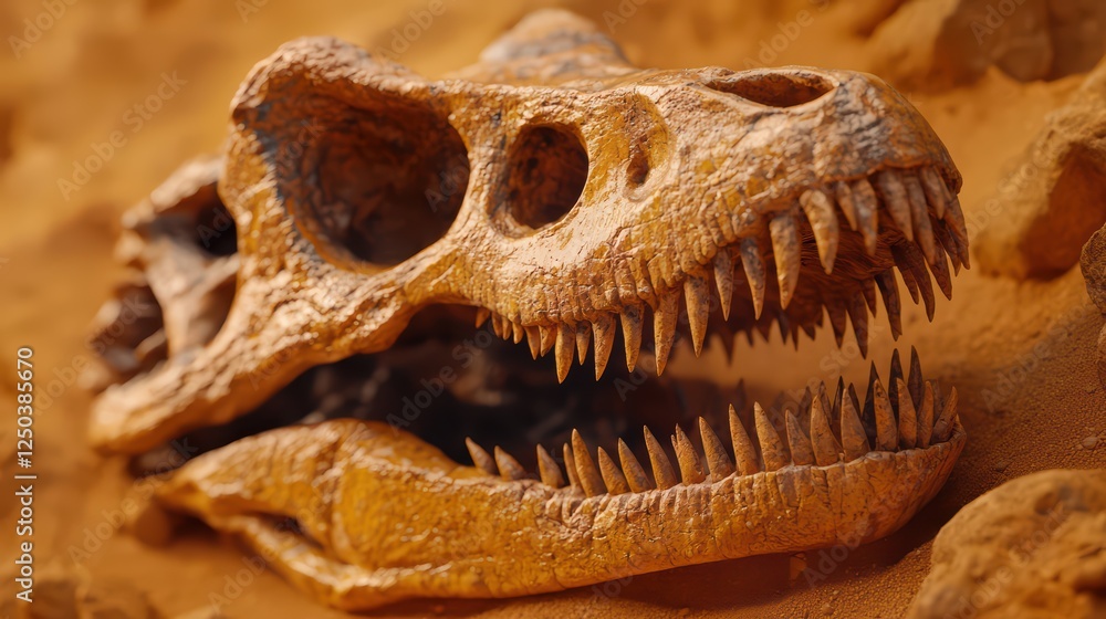 Detailed Tyrannosaurus Rex Skull Fossil on Desert Landscape Detailed Tyrannosaurus Rex Skull Fossil on Desert Landscape