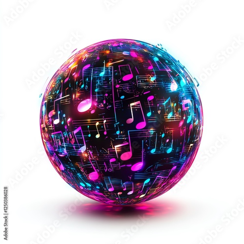A vibrant abstract sphere filled with colorful musical notes and sparkling lights.
