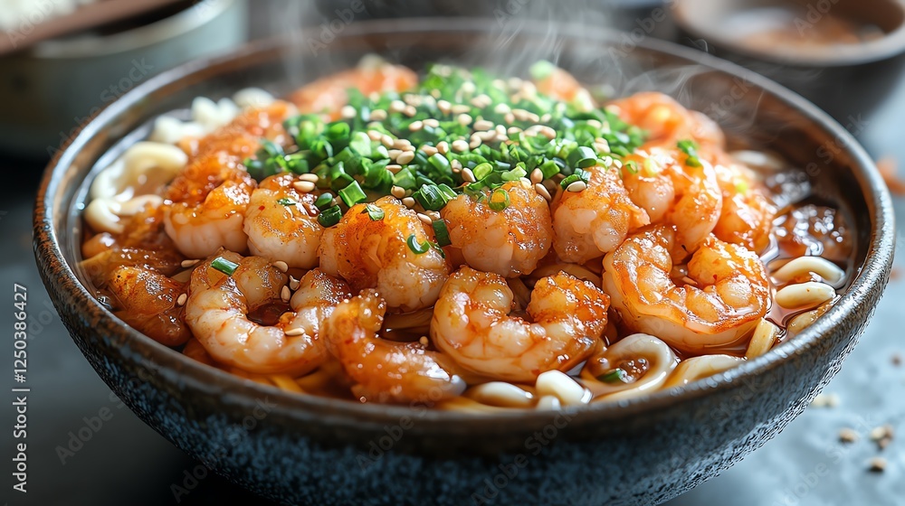 A delicious bowl of shrimp noodles, topped with green onions and sesame seeds, served steaming hot. Perfect for a satisfying meal, this dish is a feast for the eyes and palate. A delicious bowl of shrimp noodles, topped with green onions and sesame seeds, served steaming hot. Perfect for a satisfying meal, this dish is a feast for the eyes and palate.