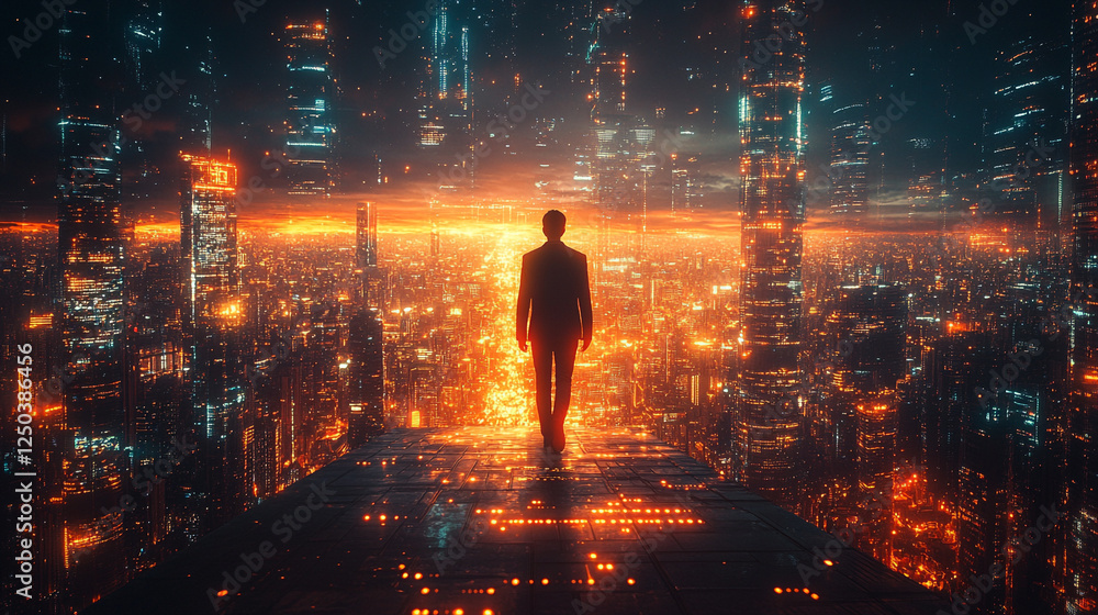 Fototapeta premium Silhouette Man Futuristic Cityscape Orange Night Digital Art Neon Glow View Urban SciFi Image Modern