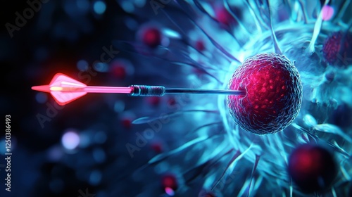 A futuristic depiction of a cell being targeted by a glowing arrow, symbolizing precision in biotechnology and molecular research.