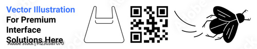 QR code near outlined plastic bag icon and flying black fly. Ideal for tech, environment, waste management, sustainability, data linkage, eco-awareness, and mobile scanning. Flat landing page banner