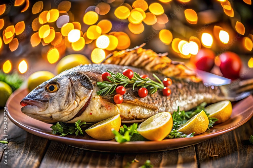 A fish is on a plate with tomatoes and oranges