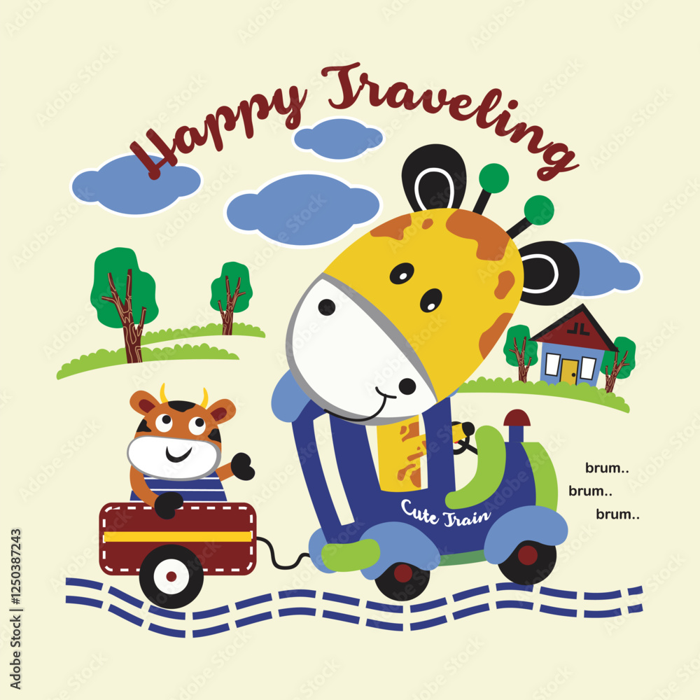 giraffe and cow on happy traveling,design cartoon vector illustration giraffe and cow on happy traveling,design cartoon vector illustration