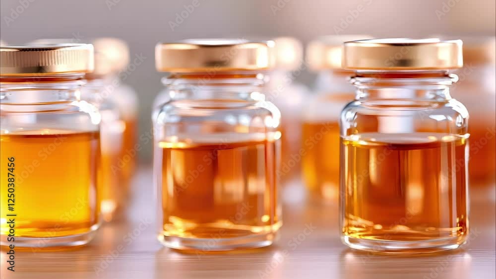 Small glass jars with golden caps containing a clear, amber liquid, arranged in a line on a surface. Small glass jars with golden caps containing a clear, amber liquid, arranged in a line on a surface.