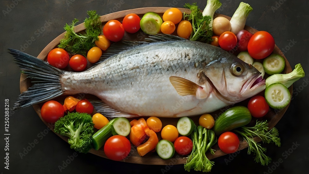 Fresh Fish Surrounded by Colorful Vegetables on Wooden Platter Fresh Fish Surrounded by Colorful Vegetables on Wooden Platter