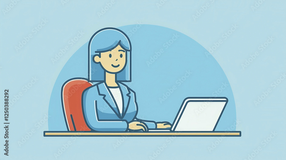 Imagen vectorial. representation de una mujer de negocios durante las horas de oficina, trabajando en su portátil Imagen vectorial. representation de una mujer de negocios durante las horas de oficina, trabajando en su portátil
