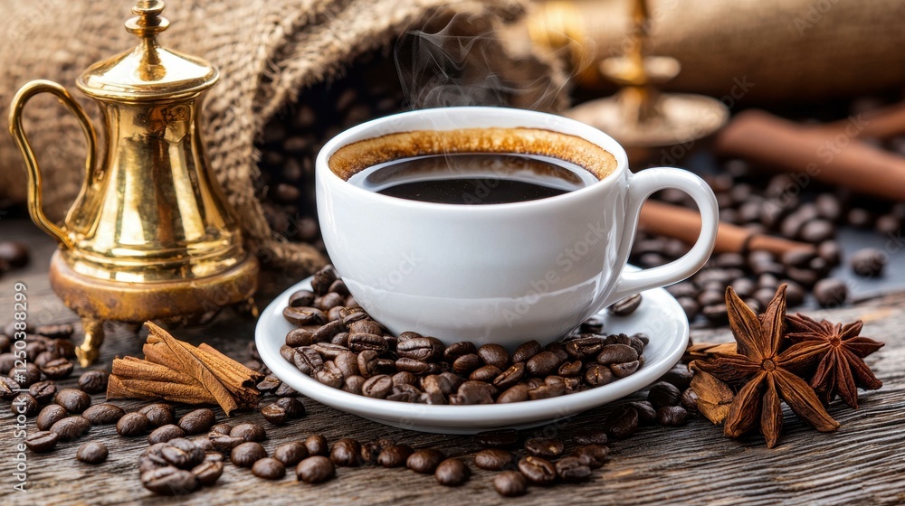 A steaming cup of coffee surrounded by beans. A steaming cup of coffee surrounded by beans.