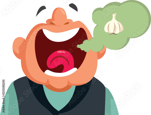 Mature Man with Stinky Garlic Breath Vector Funny Illustration. Person with awful smelly breath due to poor oral hygiene 
