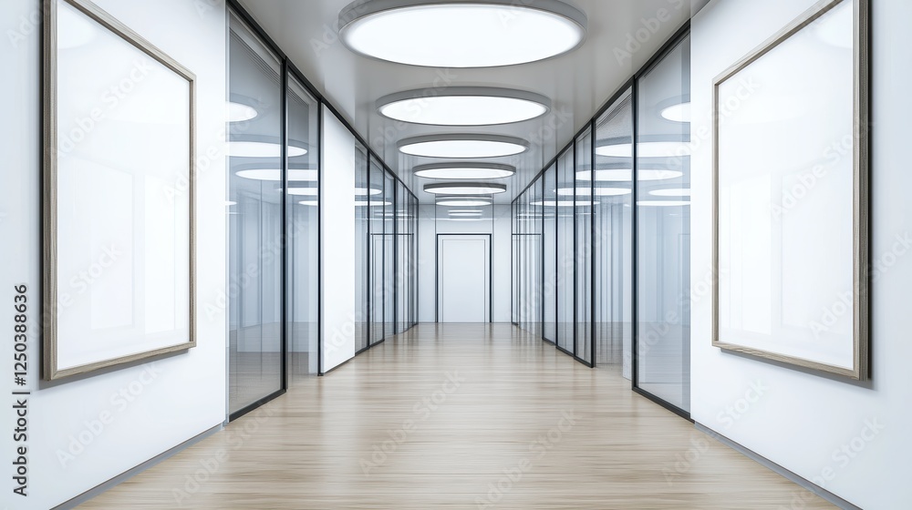 Modern office hallway with large glass panels, empty frames for wall art, minimalist design, bright lighting, wood flooring, and professional ambiance. Template available. Modern office hallway with large glass panels, empty frames for wall art, minimalist design, bright lighting, wood flooring, and professional ambiance. Template available.