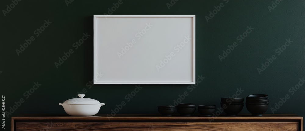 Modern wall art display on a dark green wall featuring a blank poster frame, minimalist decor elements, stylish kitchenware, and elegant furnishings. Template. Modern wall art display on a dark green wall featuring a blank poster frame, minimalist decor elements, stylish kitchenware, and elegant furnishings. Template.