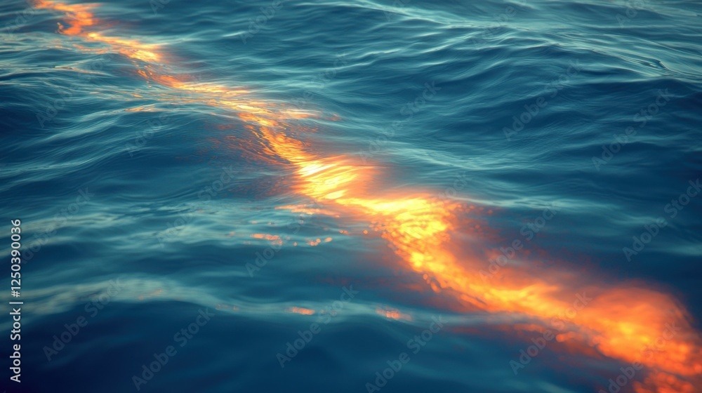 Obraz premium Sunset reflection, ocean water, ripple, golden light, background waves, travel brochure