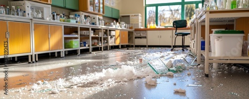 Messy laboratory with broken glass and spills.