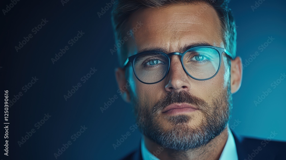 Focused Professional with Glasses in Dramatic Lighting Setup Focused Professional with Glasses in Dramatic Lighting Setup