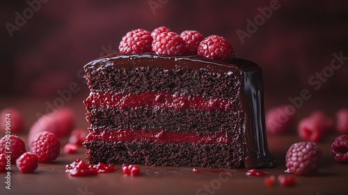 A delectable slice of rich chocolate cake layered with raspberry filling and topped with fresh raspberries, perfect for dessert lovers and special occasions. photo